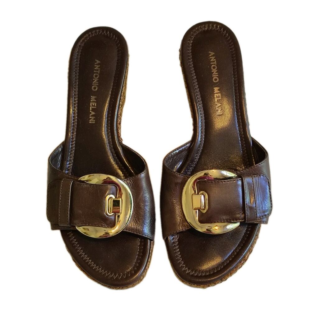 Antonio Melani Brown Leather Wedge Slide Sandals Gold Buckle Straw Heel Size 7M - Picture 2 of 7